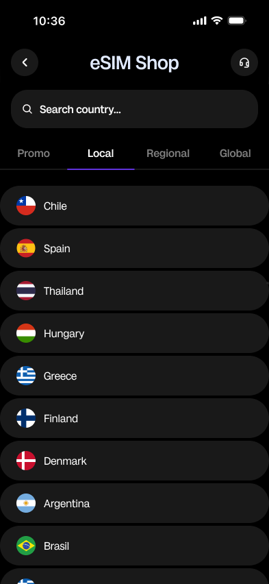 eSIM Shop — country list