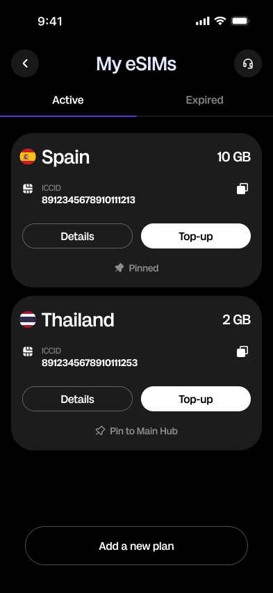 My eSIMs — Active and Expired