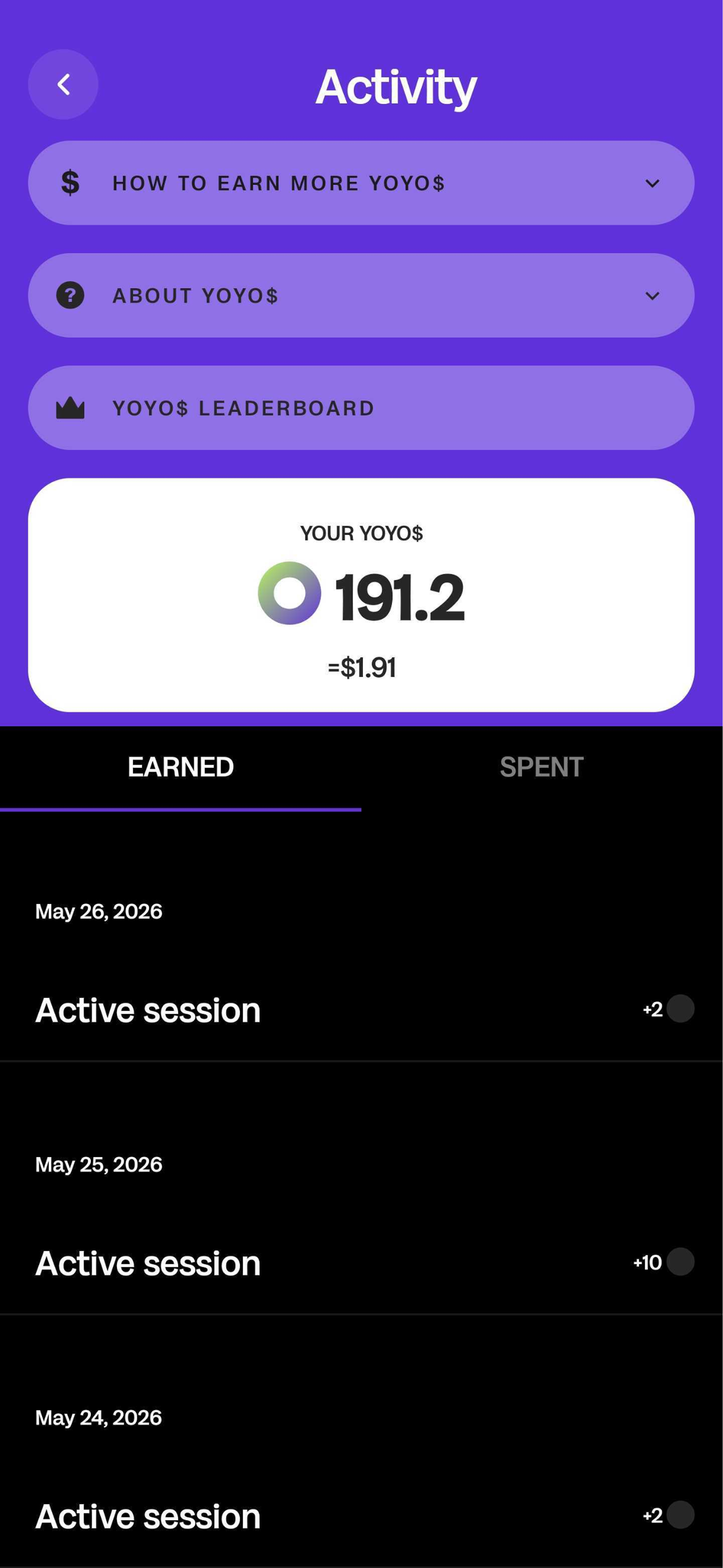 YOYO$ Activity screen